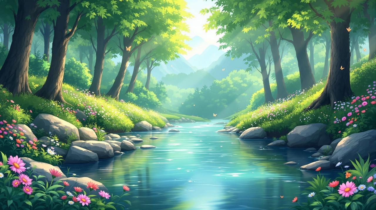 AI漫剧治愈剧场自然风光背景 AI漫剧 - 清澈甘甜的治愈剧场,山间清泉流淌在绿意盎然的森林中,晨光洒落,温暖治愈